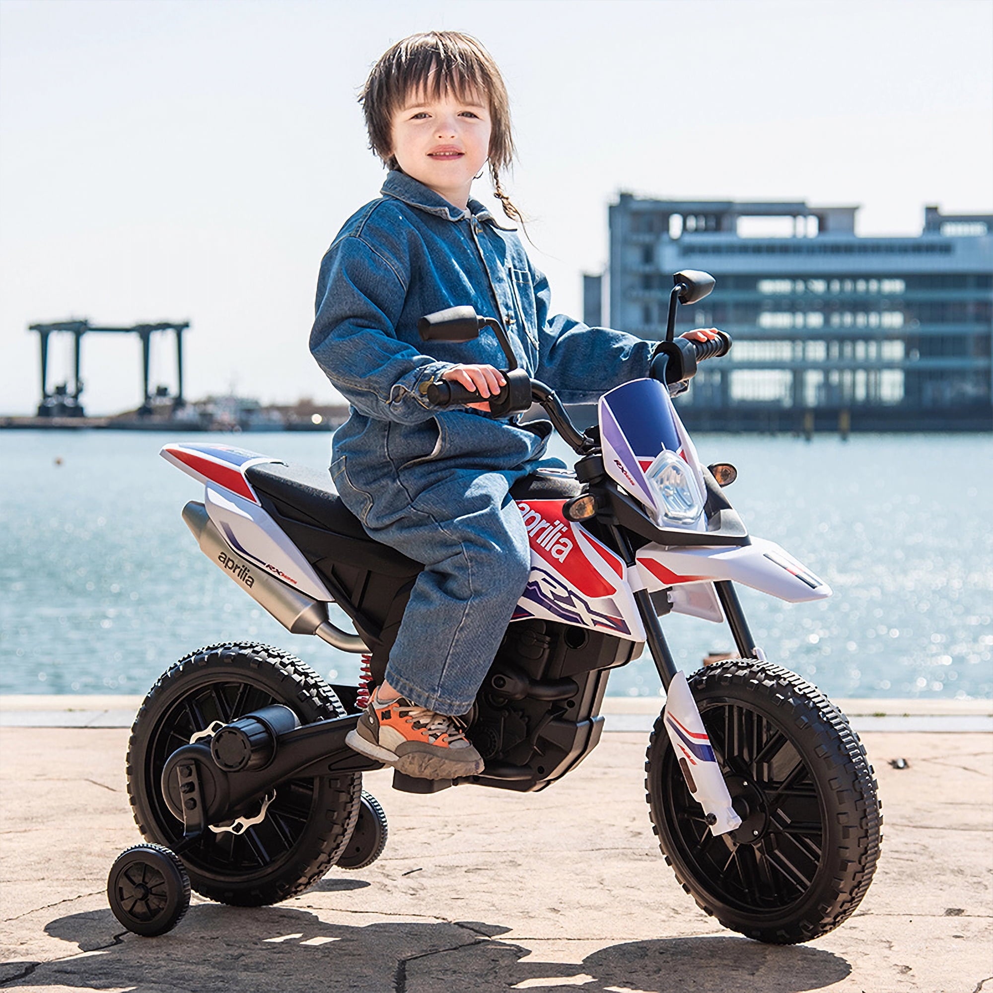 Track 7 12V Ride on Motorcycle, Licensed Aprilia RX125 Kids Electric Motorcycle with Training Wheels, Spring Suspension, LED Lights, Music, Ride on Car for Boys Girls Age 3+, White