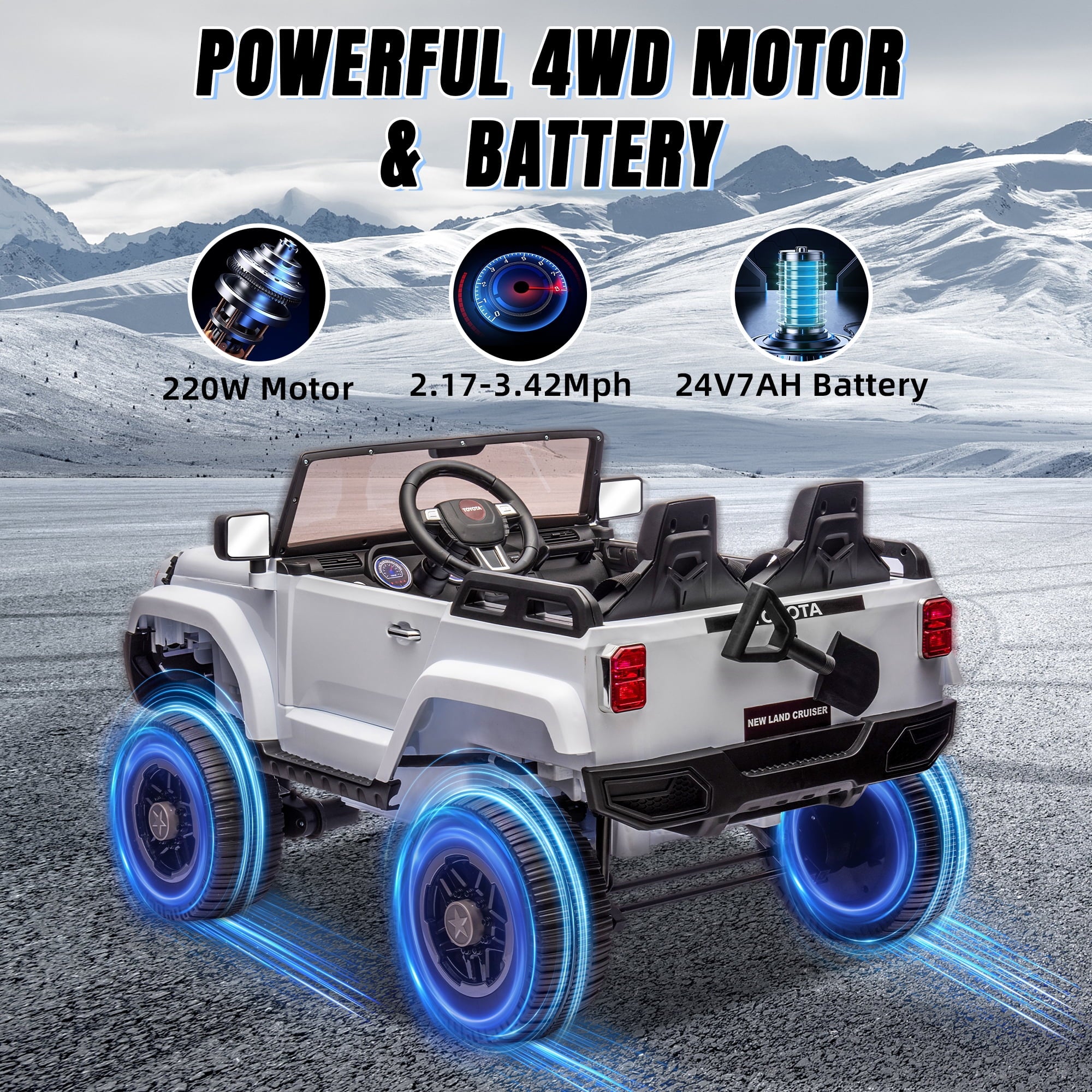 Track 7 24V Ride on Car, Licensed Toyota LC 250 2-Seater Electric Car for Boys Girls, 24V Ride on Car with Remote Control, Music, Bluetooth, Front Storage Space, Shovel,  White