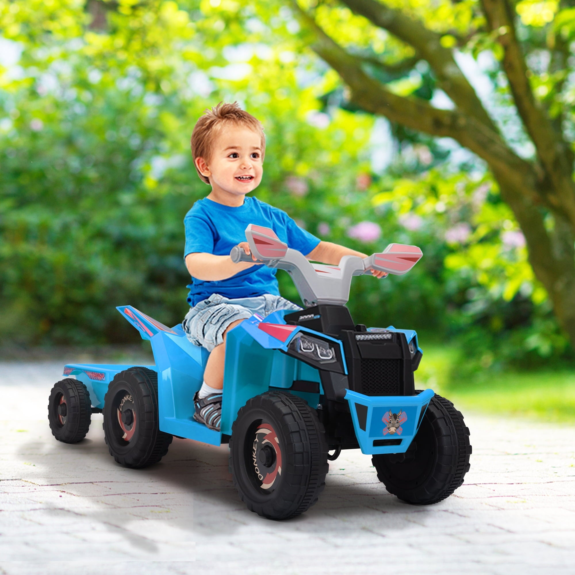 Track 7 Kids Ride on ATV with Trailer, 4 Wheeler Electric Quad Vehicle, Ride on Car with Music, Horn, Power Display, Kids Electric ATV, Blue