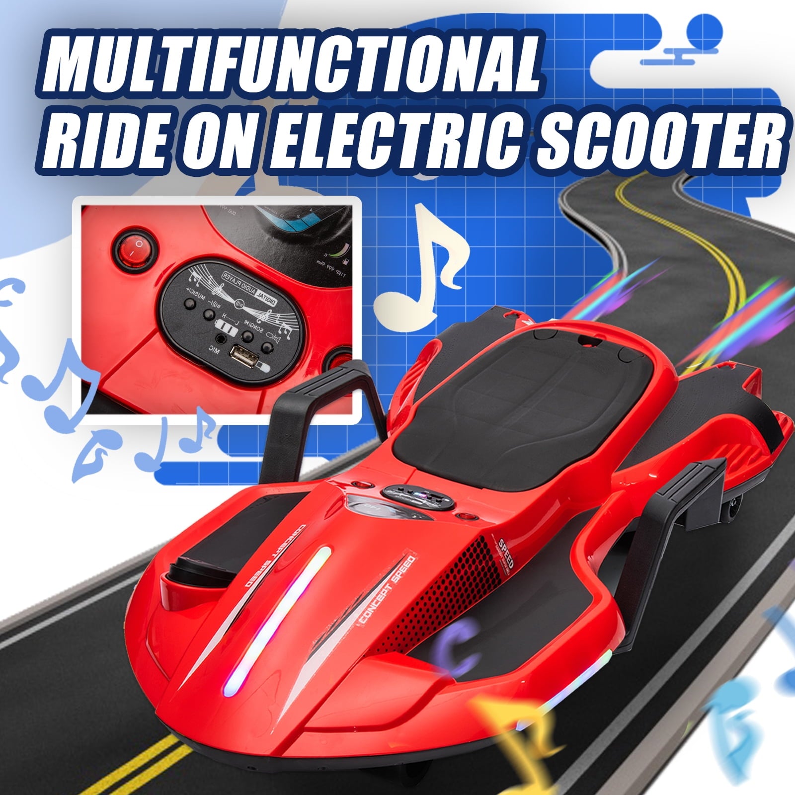 Track 7 24 V Ride on Car with Helmet, Knee Pads, Gloves, Devilfish Pattern Ride on Electric Scooter with Spray Function, Gravity Steering, Music, Hnadrails, Max Speed 6.84 mph, Red