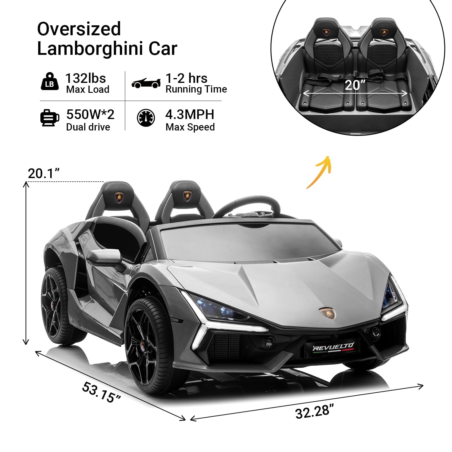 Track Seven 24V 2-Seater Ride on Car, Licensed Lamborghini Revuelto Electric Car with Remote Control, Music, LED Lights, Key Start, Spring Suspension, Max Speed 4.3mph, 24V Ride on Toy Car, Grey