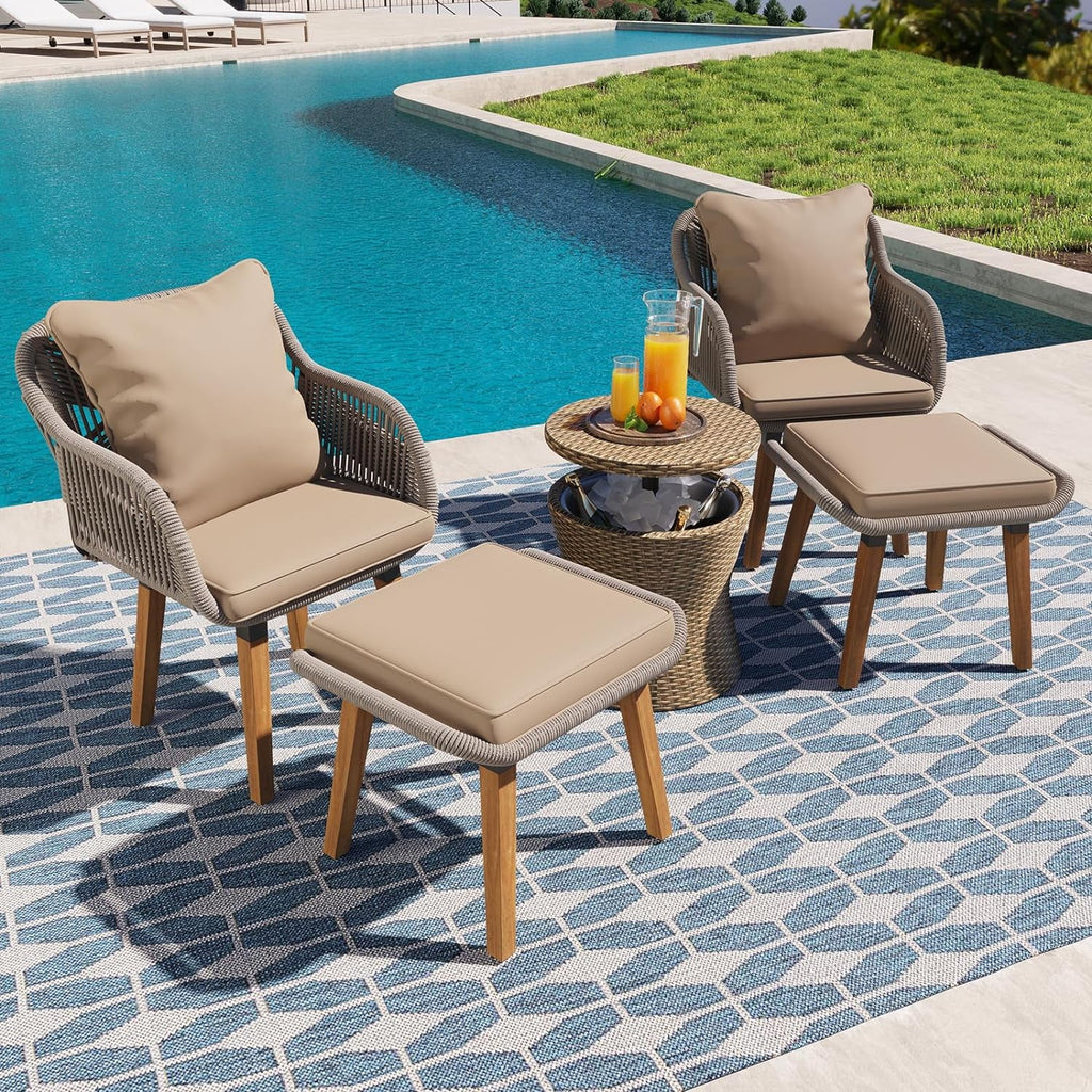 COOKCOK 5 Pieces Patio Furniture Chair Sets, Balcony Furniture Sets with Wicker Cool Bar Table, Wicker Chairs with Ottomans, Outdoor Chairs Set for Backyard, Balcony, Poolside, Brown