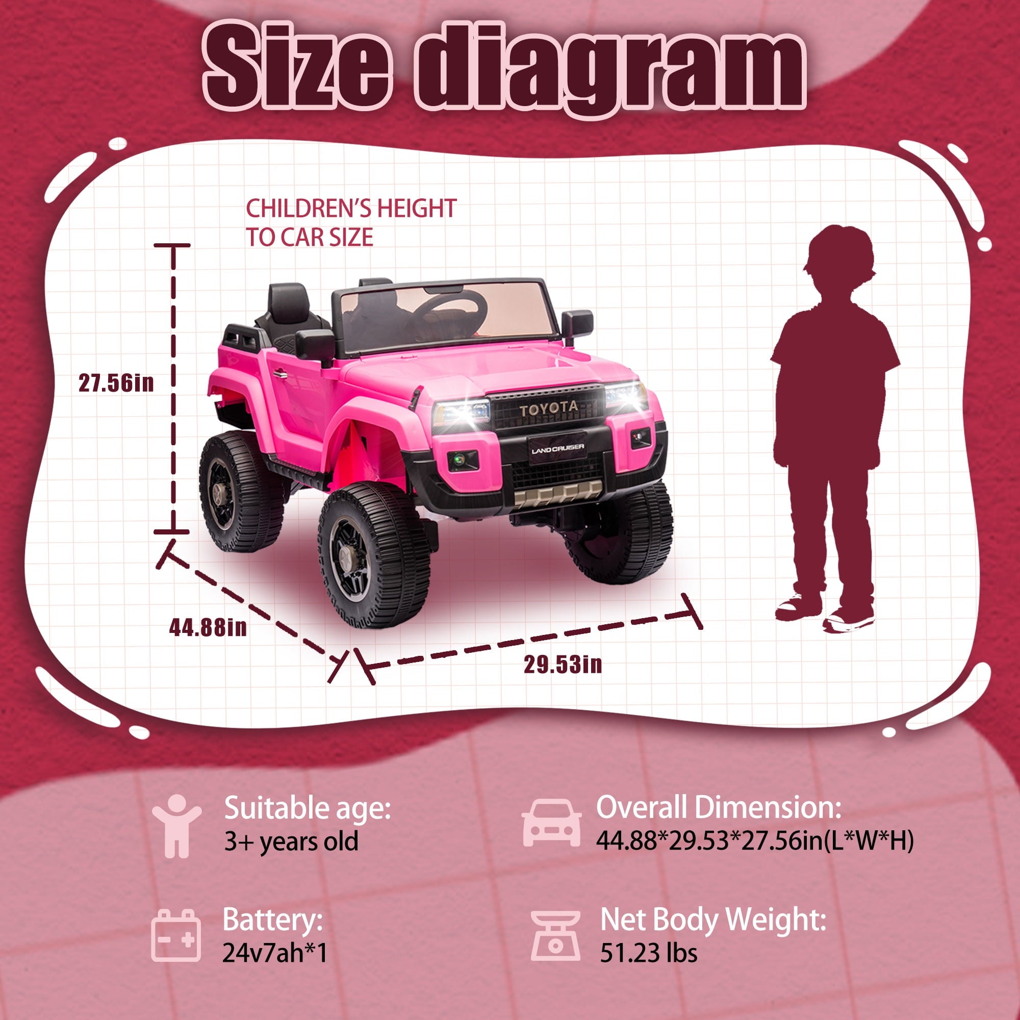 Track 7 24V 2-Seater Ride on Car, Licensed Toyota LC 250 Electric Car with Remote Control, Music, Bluetooth, Front Storage Space, Shovel, Electric Ride on Truck for Boys Girls Age 3+, Pink