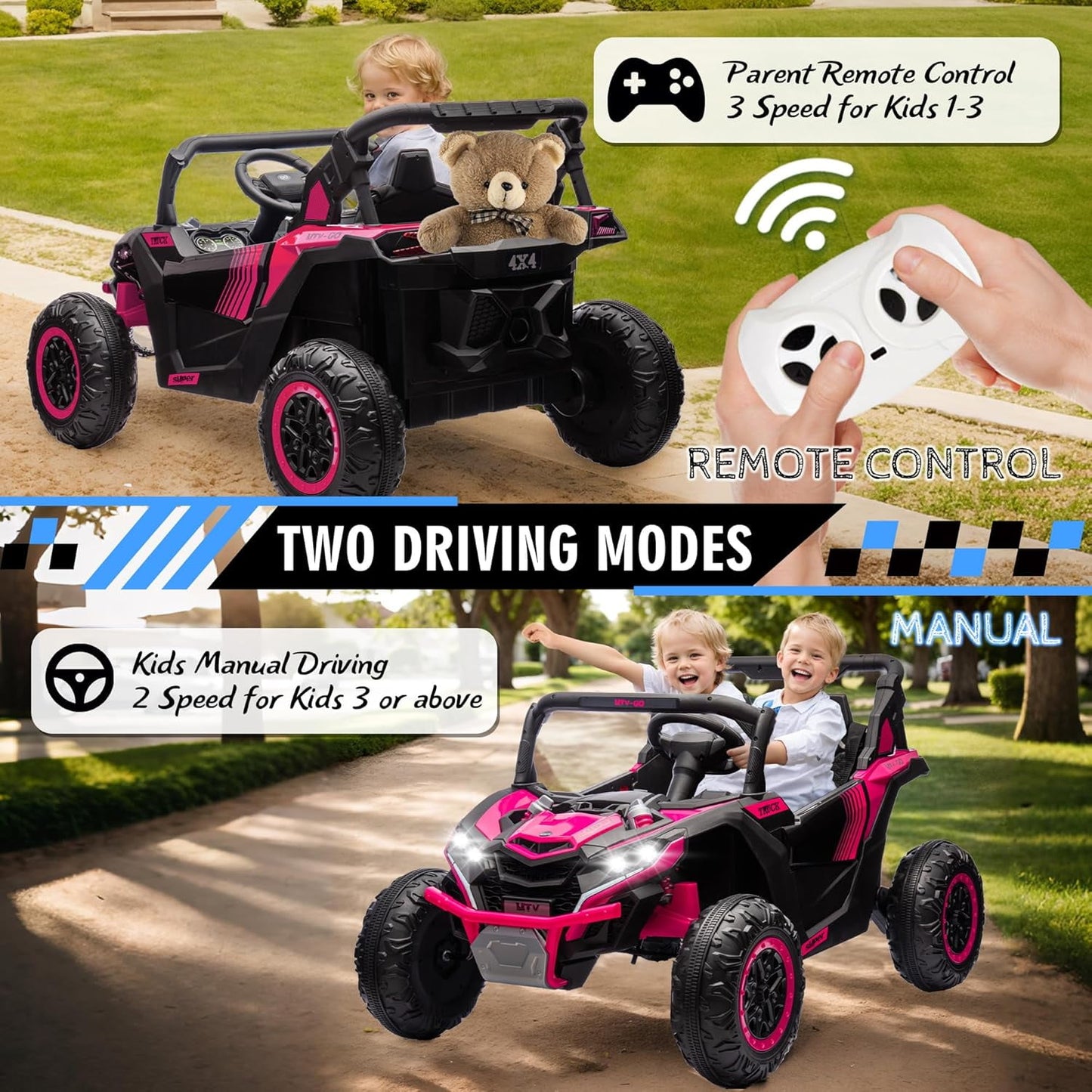 Track 7 24V 2-Seater Ride on UTV, 20" Large Seat, 2 x 200W Powerful Motors, 4.5 mph Max Speed, Ride on Car w/Remote Control, MP3, Lights, Battery Powered Electric Car for Boys Girls Age 3+, Blue