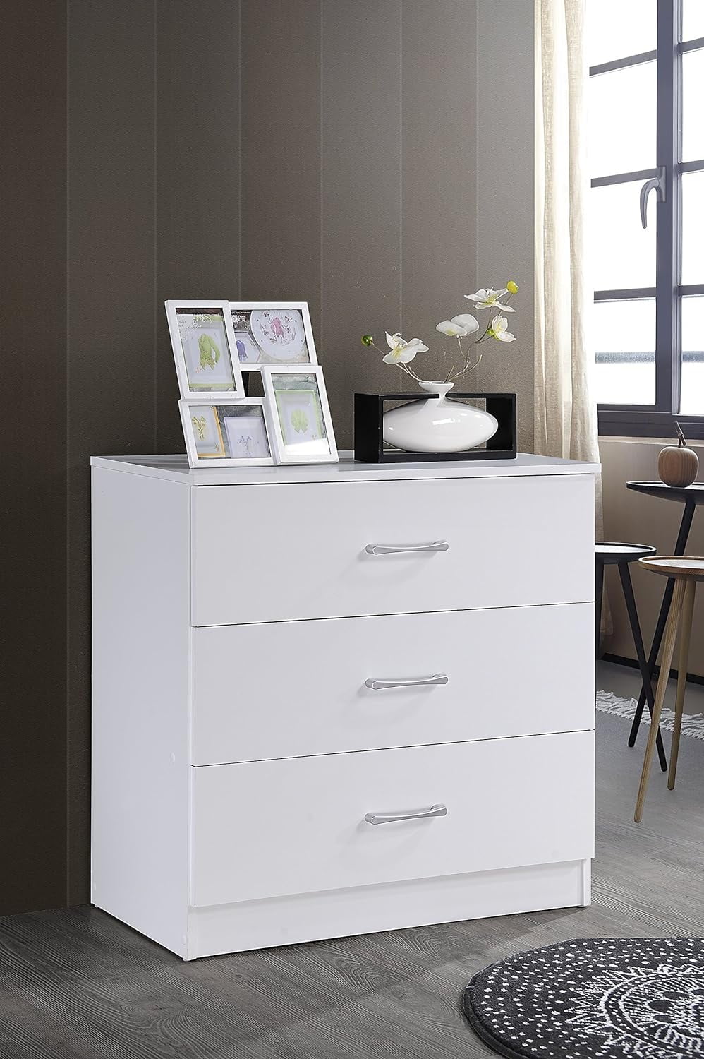 COOKCOK 3 Drawer Dresser, Wood Drawer Chest Dresser Cabinet with Storage, 25.98"x 13"x 22.05", Storage Cabinet, Clothing Organizer with Cut-Out Handle, Nightstand for Living Room, Bedroom, White