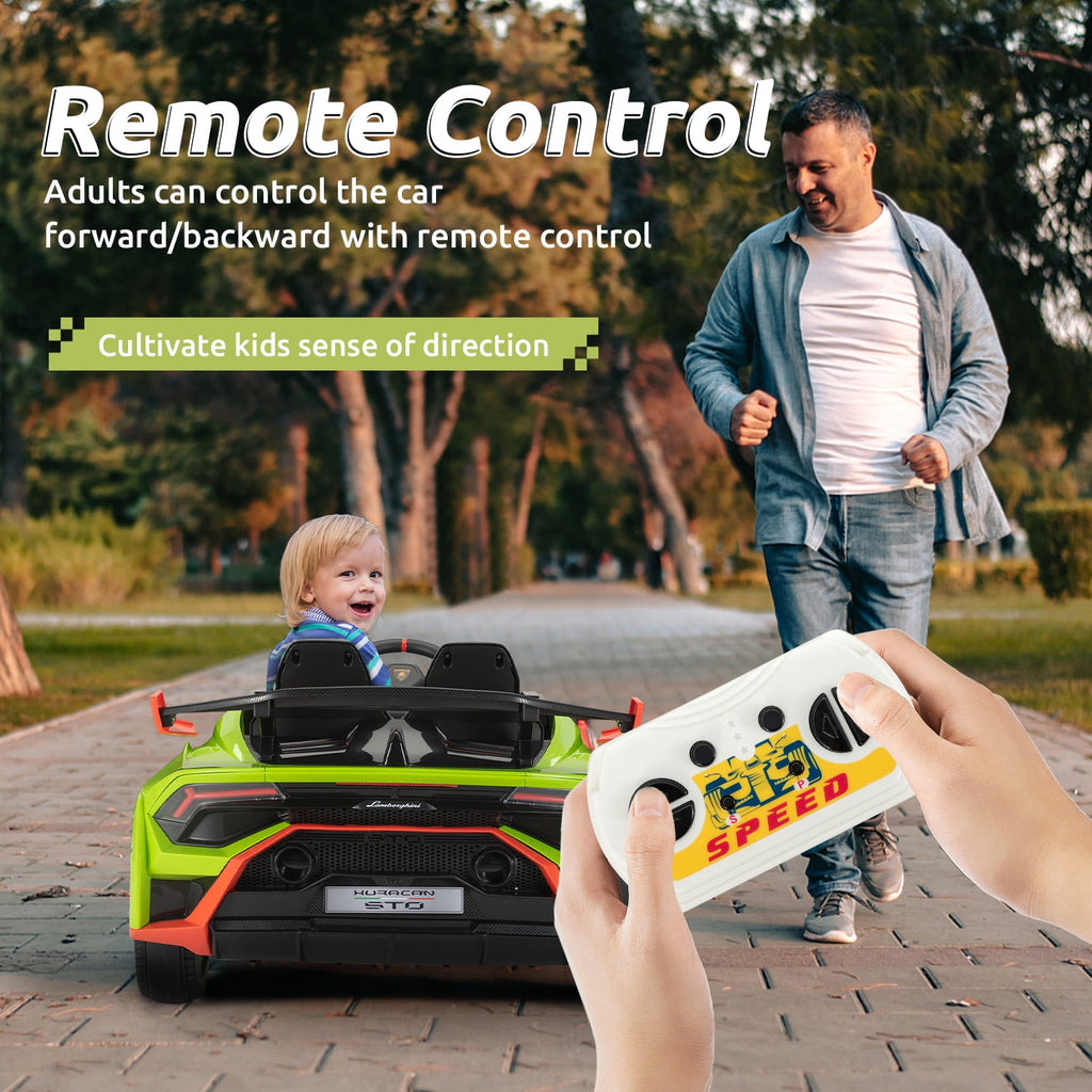 Track Seven 12V Kids Ride on Car, Licensed Lamborghini STO Electric Car for Kids Age 3+, Remote Control, Music, Motorized Drift Electric Vehicle, Max Speed 5mph, Green