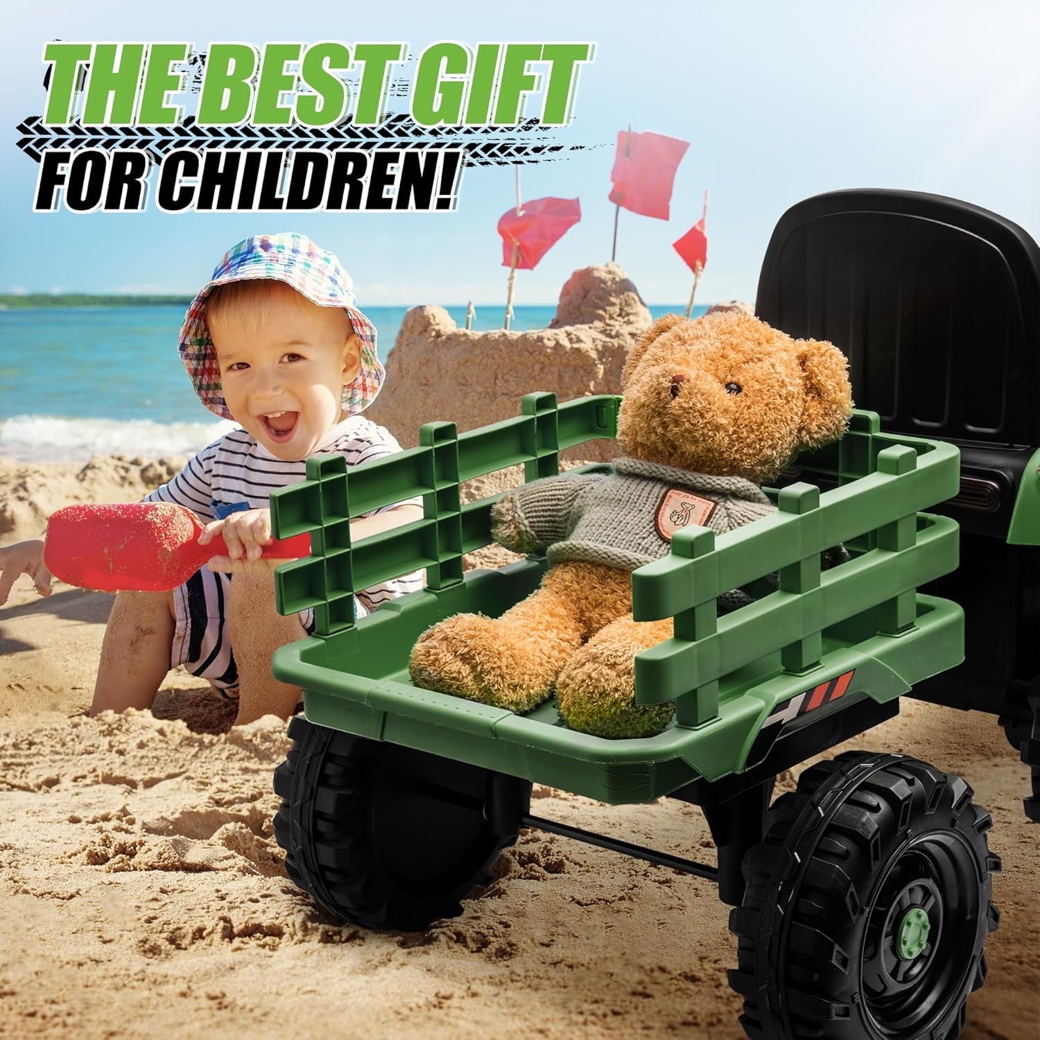 Track 7 24V Ride on Tractor with Trailer, 400W Motor, 6-Wheels Ride on Car with Remote Control, Music, Lights, 24V Electric Tractor Max Speed 4.9 mph, Green