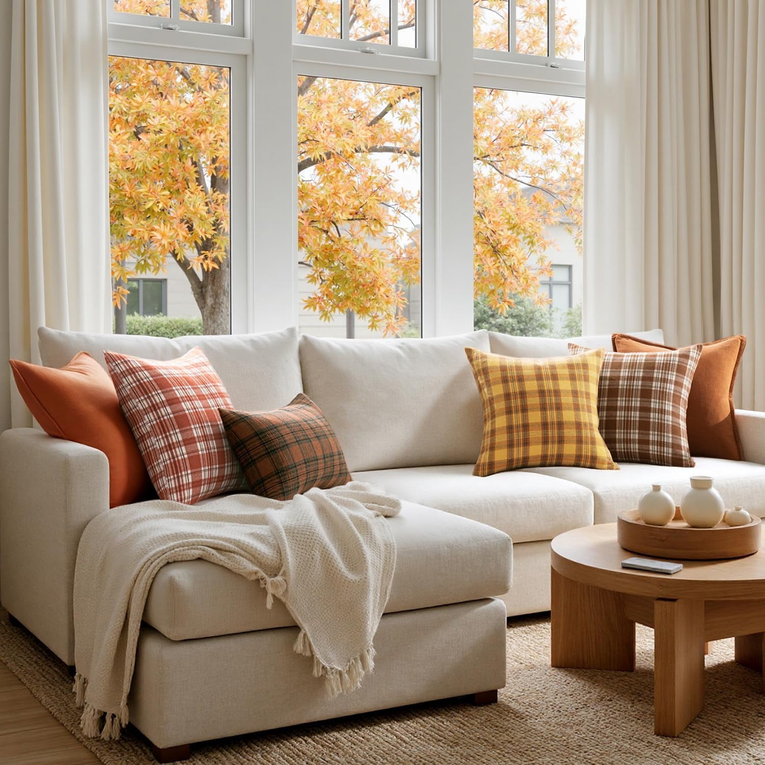 COOKCOK Christmas Set of 2 Scottish Tartan Plaid Throw Pillow Covers Farmhouse Classic Decorative Outdoor Square Cushion Cases for Decor Sofa Couch 18x18 Inch, Orange