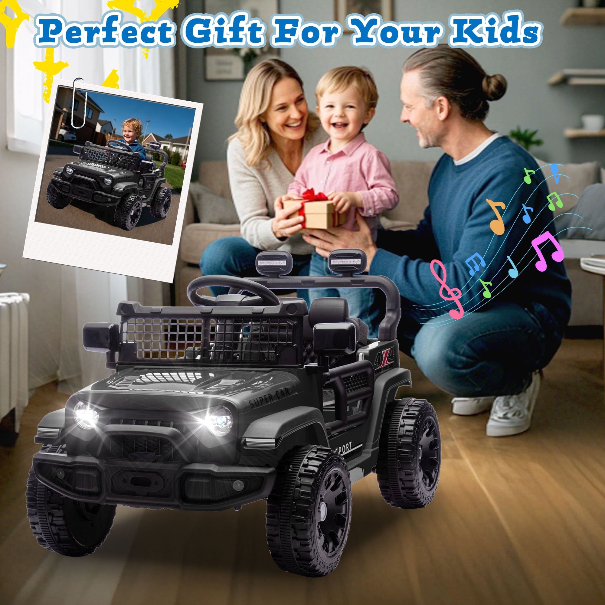 Track 7 24V Kids Ride-On Car with Remote Control, 2WD, Four-Wheel Suspension with Large Wheel Design, Power Display, Bluetooth, MP3 Player, LED Lights, and Speed Control for Ages 2-5, Black