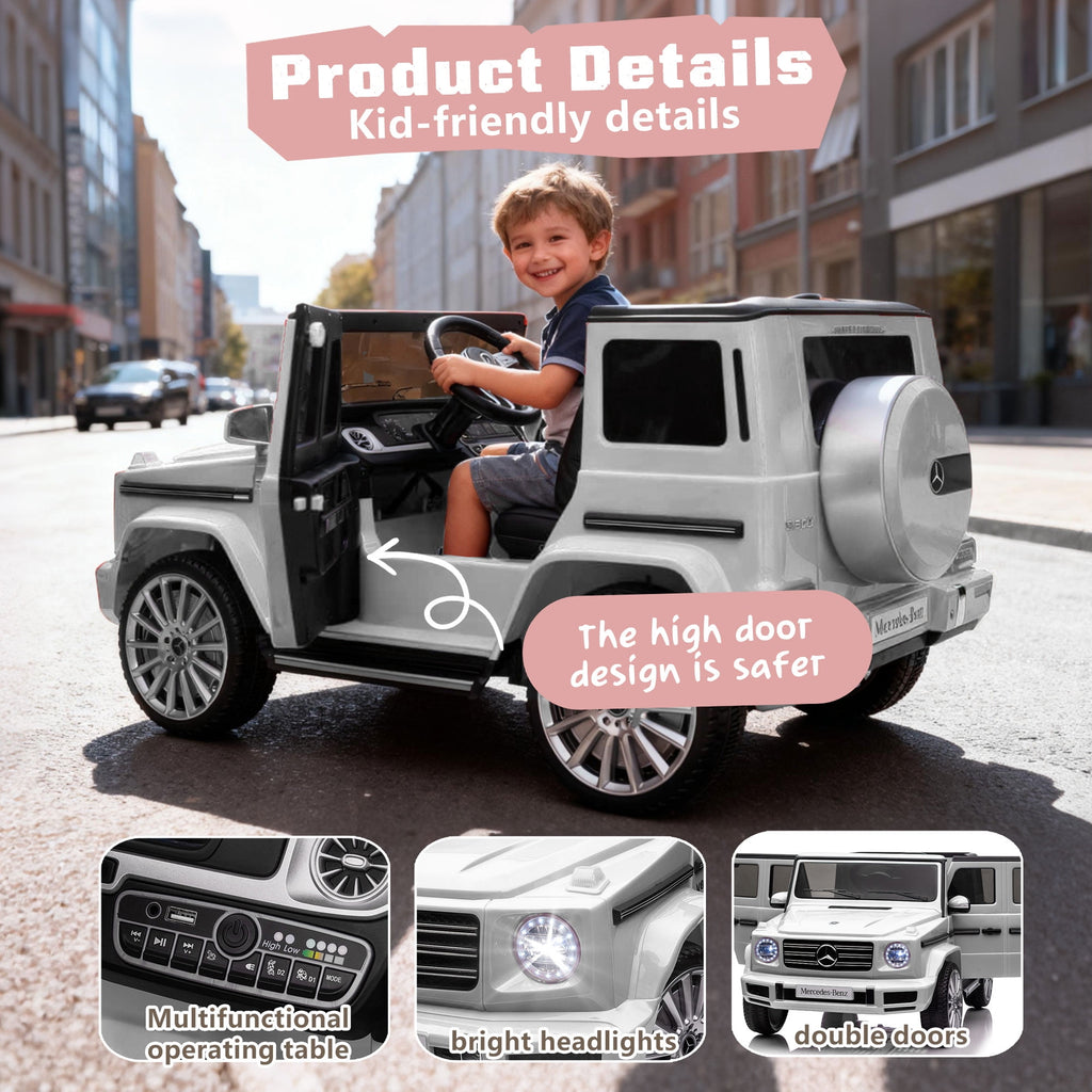 Track Seven 24V Ride on Car, Licensed Mercedes-Benz G500 Electric Car with Remote Control, Bluetooth, LED Lights, Max Speed 5.7 mph, 24V Ride on Truck for Boys Girls Age 3+, White
