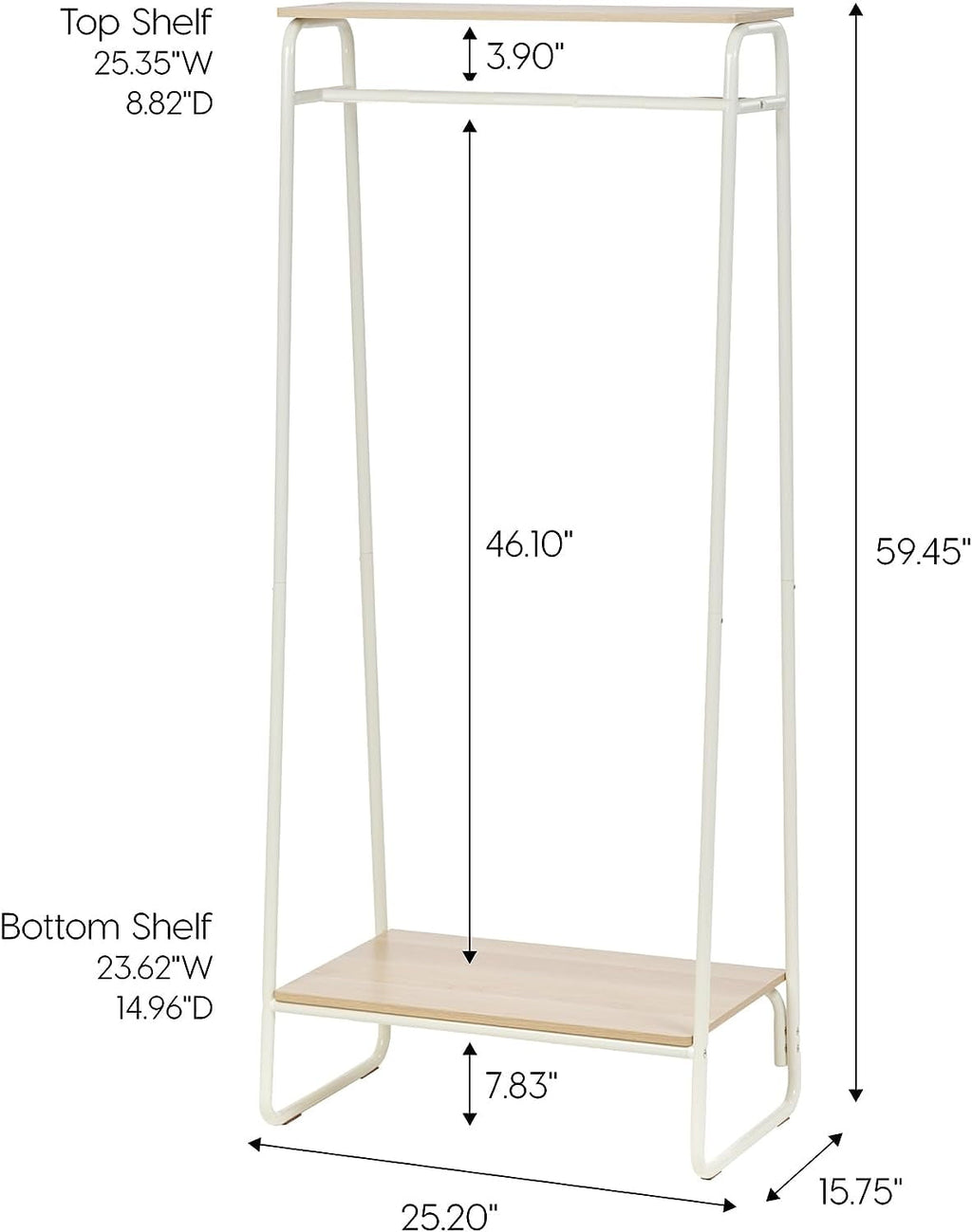 COOKCOK Clothes Rack for Hanging Clothes with 2 Wood Shelves, Freestanding Clothing Rack, Easy to Assemble Garment Rack, Metal, Sturdy Design, Small Space Storage Rack, White