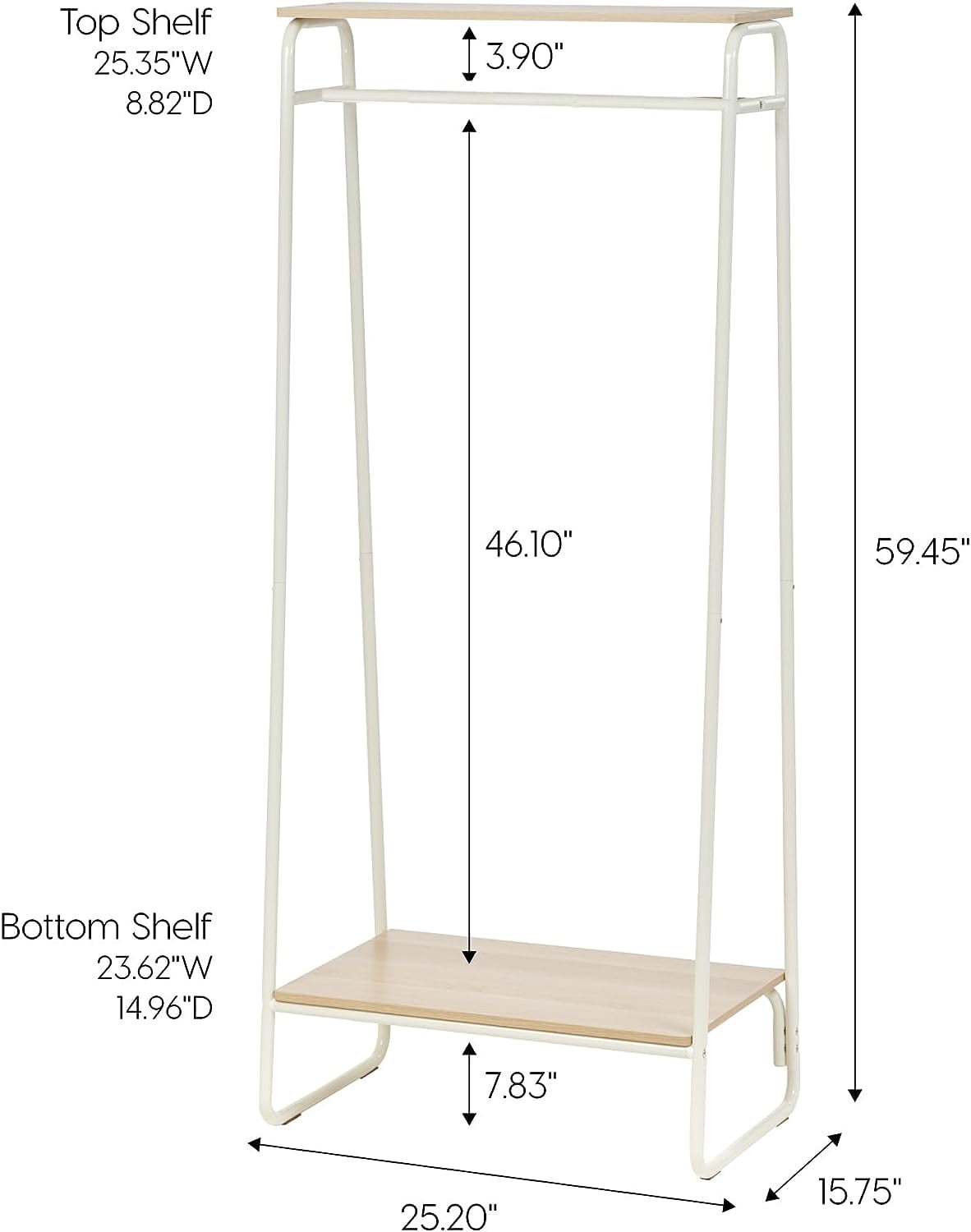 COOKCOK Clothes Rack for Hanging Clothes with 2 Wood Shelves, Freestanding Clothing Rack, Easy to Assemble Garment Rack, Metal, Sturdy Design, Small Space Storage Rack, White