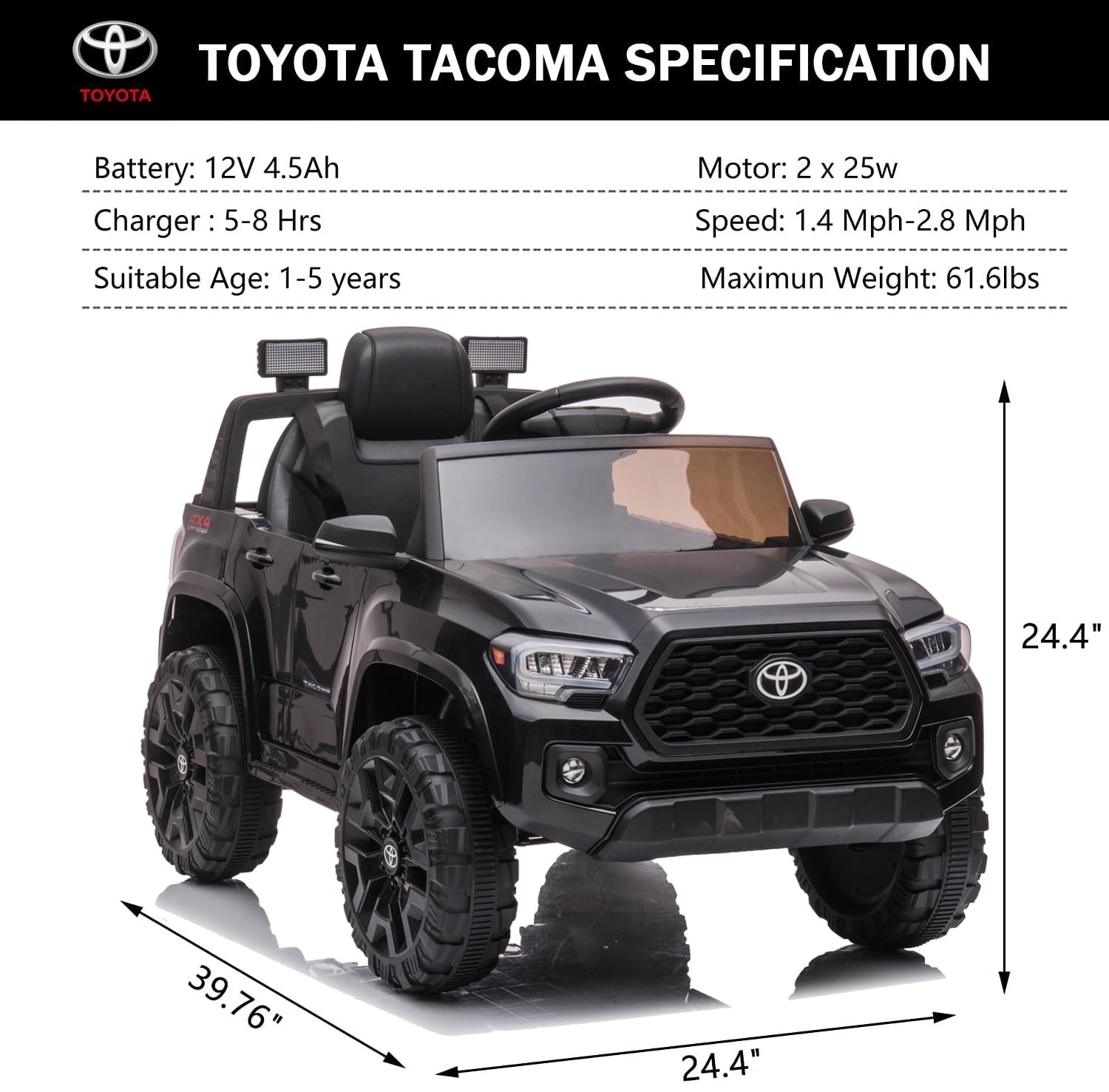 Track 7 Ride on Car with Remote Control, 12V Toyota Tacoma Electric Car for Boys Girls Age 3+, AUX/FM/USB, Storage Truck, Black