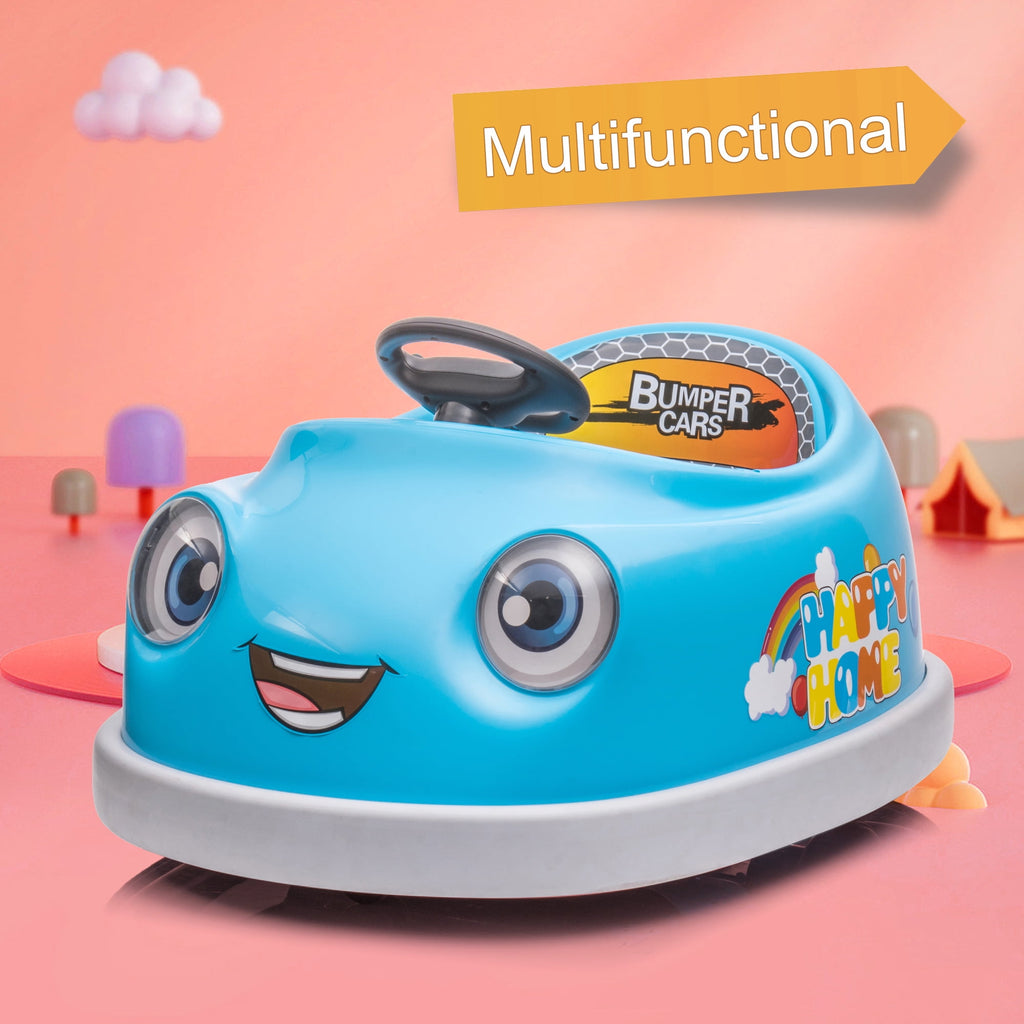 Track 7 Kids Ride on Bumper Car, 12V Electric Car for Boys Girls, Age 1-6 Years, with Remote Control, Bluetooth, Push Rod, Rocking Horse Mode, 360 Degree Turning, Blue