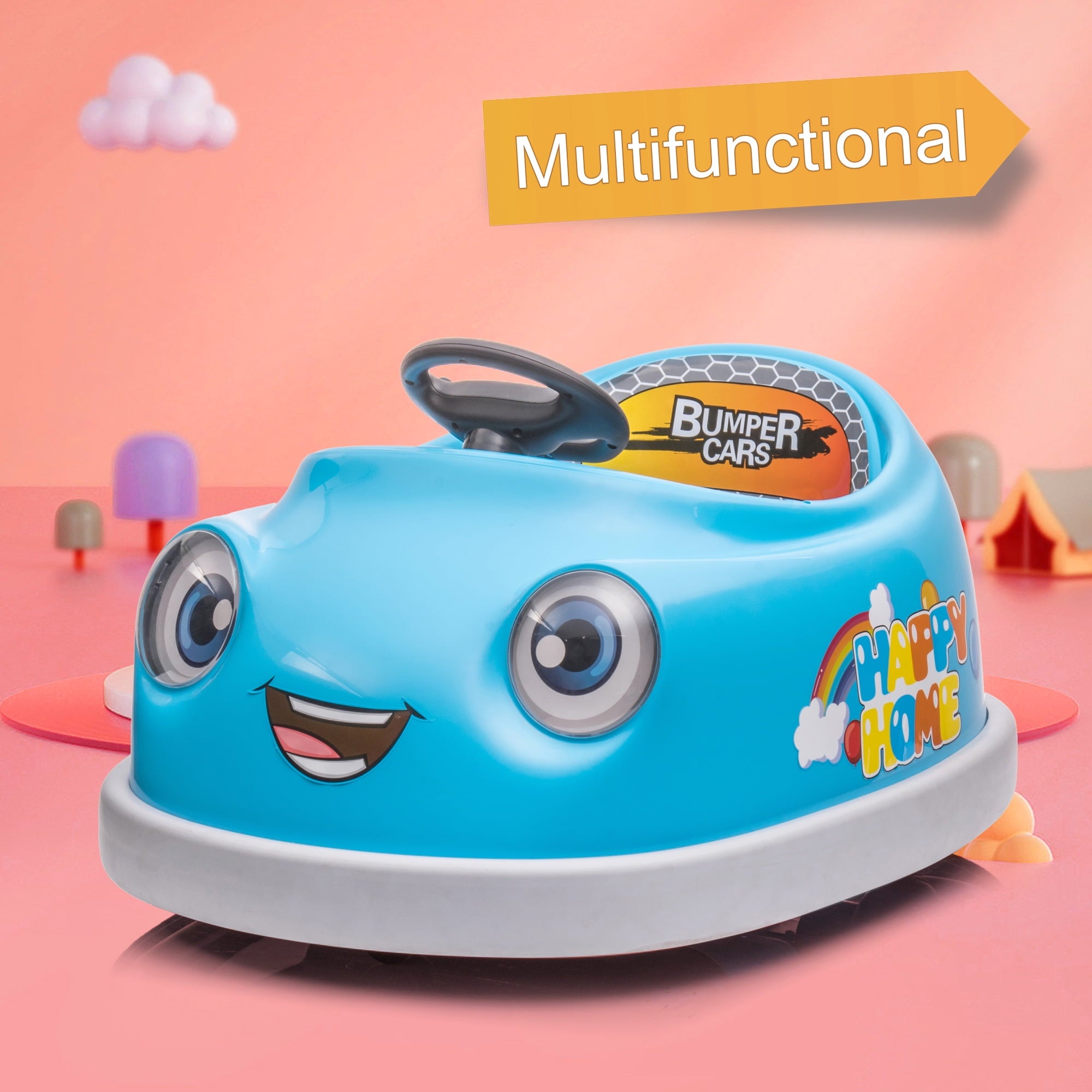 Track 7 Kids Ride on Bumper Car, 12V Electric Car for Boys Girls, Age 1-6 Years, with Remote Control, Bluetooth, Push Rod, Rocking Horse Mode, 360 Degree Turning, Blue