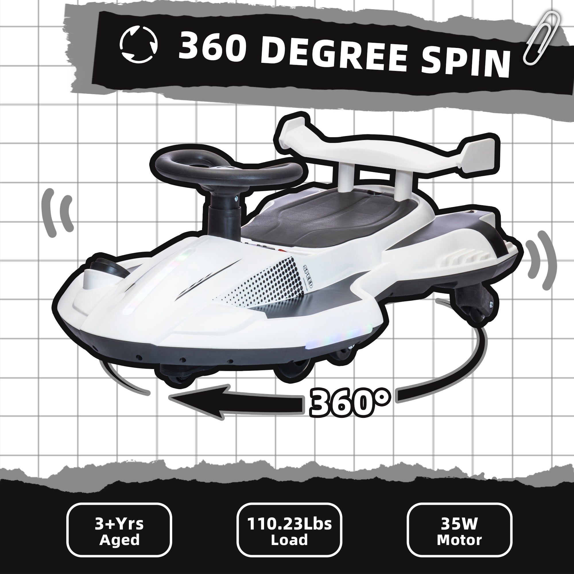 SUSIELADY 12V Kids Ride on Electric Scooter, Ride on 360°Drift Car with Spray Function, Cool Operation ,Front & Side Lights design, Bluetooth, Music
