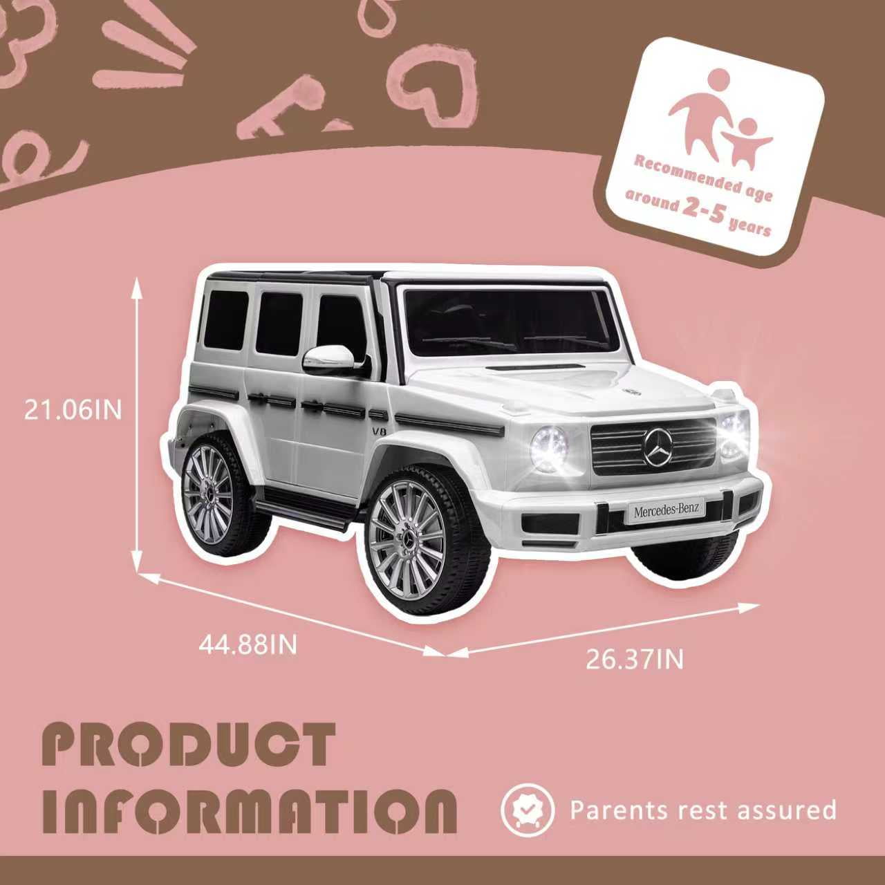 Track Seven 24V Ride on Car, Licensed Mercedes-Benz G500 Electric Car with Remote Control, Bluetooth, LED Lights, Max Speed 5.7 mph, 24V Ride on Truck for Boys Girls Age 3+, White