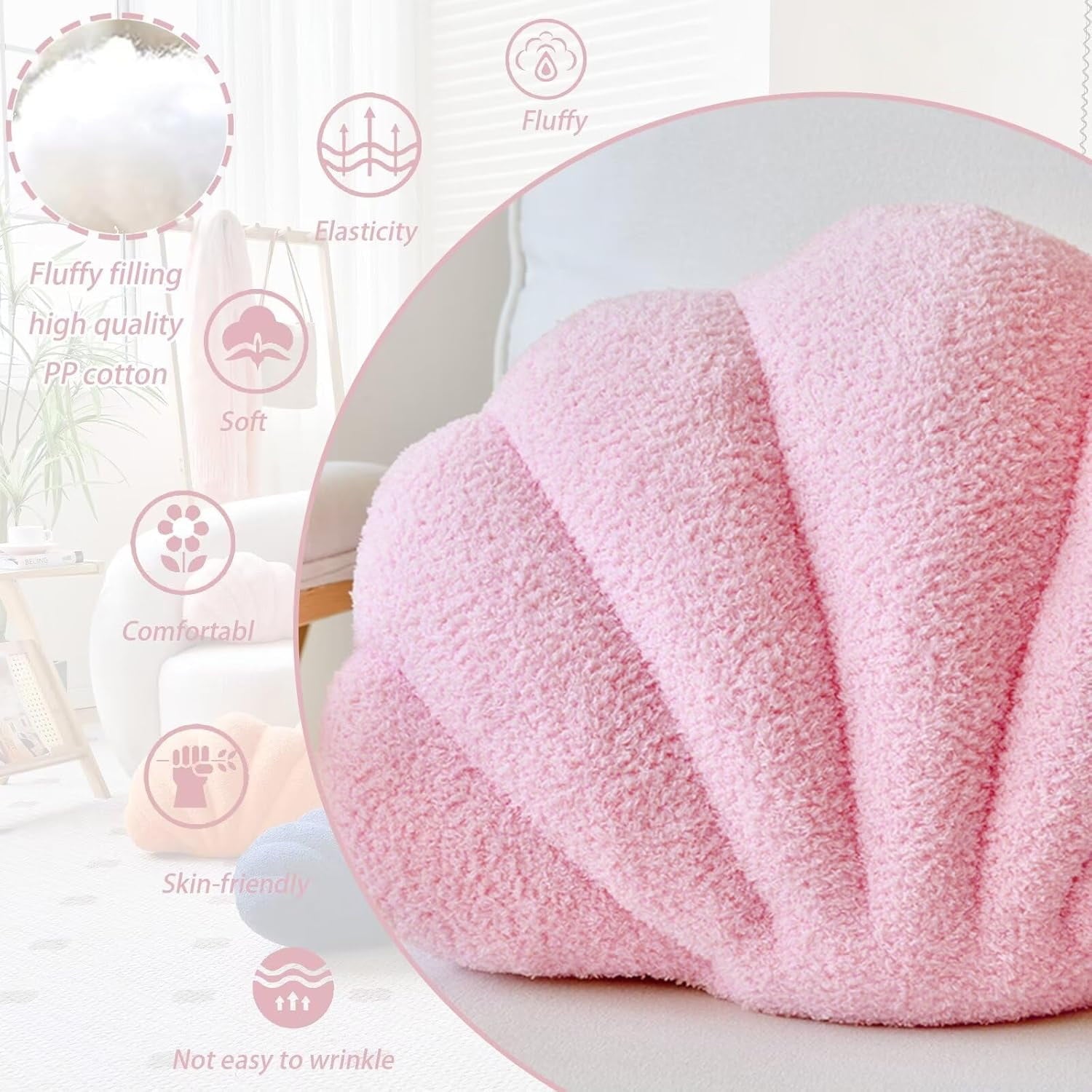 COOKCOK Shell Pillow, Seashell Throw Pillows, 14" x 11" Soft Decorative Pillow Plush Cushion for Bed Couch Living Sofa Room Decor Accent Throw Pillow, Pink