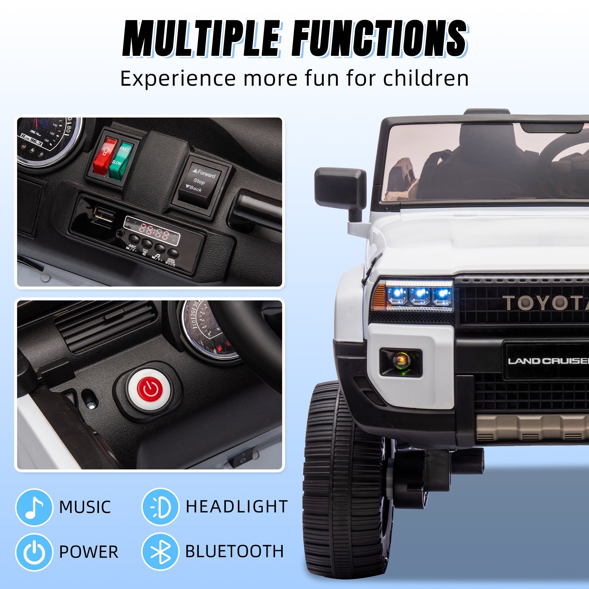 Track 7 24V Ride on Car, Licensed Toyota LC 250 2-Seater Electric Car for Boys Girls, 24V Ride on Car with Remote Control, Music, Bluetooth, Front Storage Space, Shovel,  White