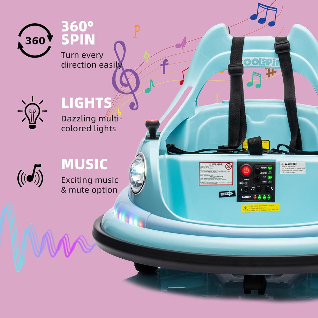 Track Seven 12V Bumper Car for Toddlers, Kids Electric Bumper Car with Remote Control, LED Lights, Bluetooth, 360°Spin, Ride on Toy Car for Boys Girls Aged 2+, Blue