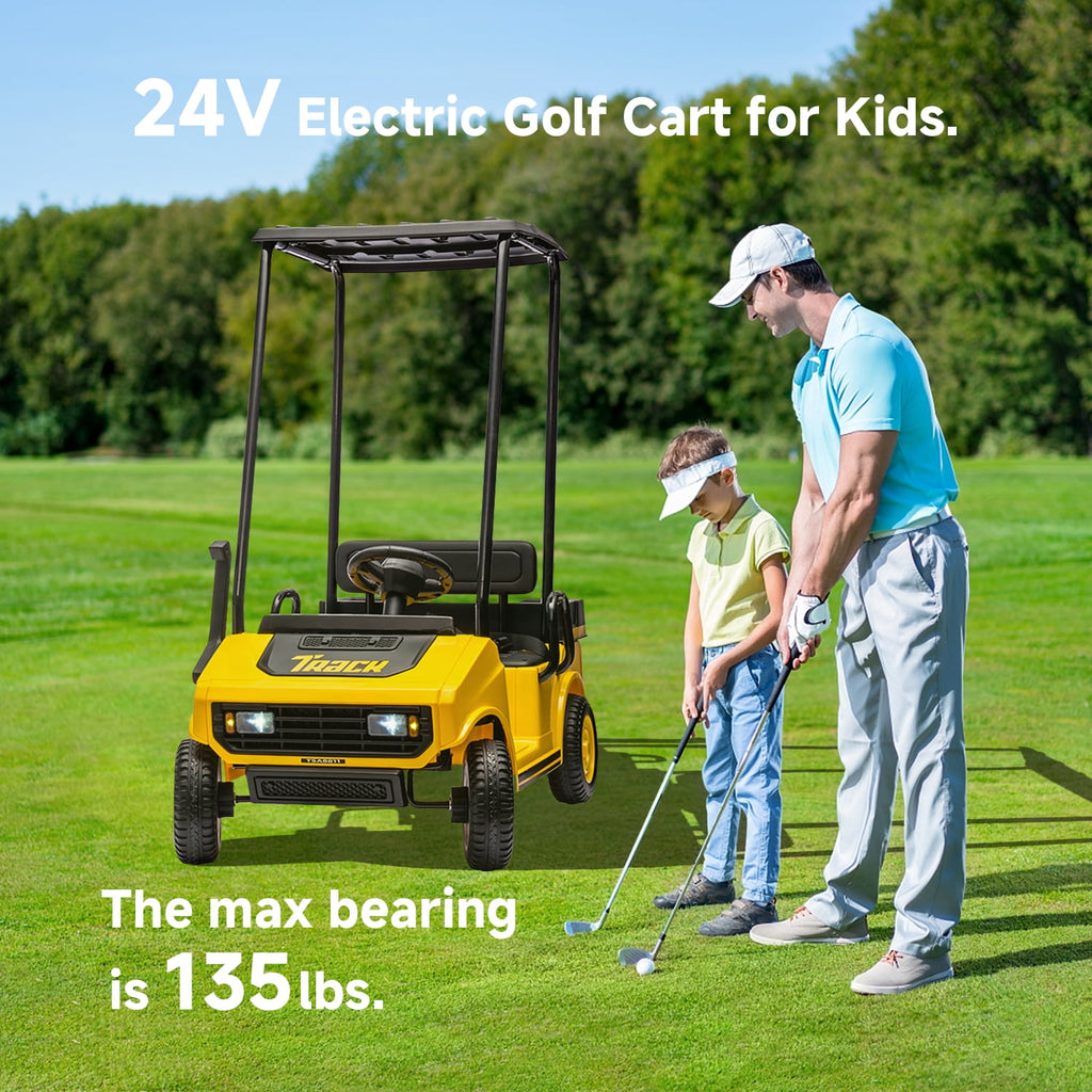 Track 7 24V Ride on Car, Electric Golf Cart with Ceiling, Ride on Truck with Remote Control, Music, Rear Storage Box, Electric Car for Boys Girls Age 3+, 18.5" Large Seat with Armrests, Yellow