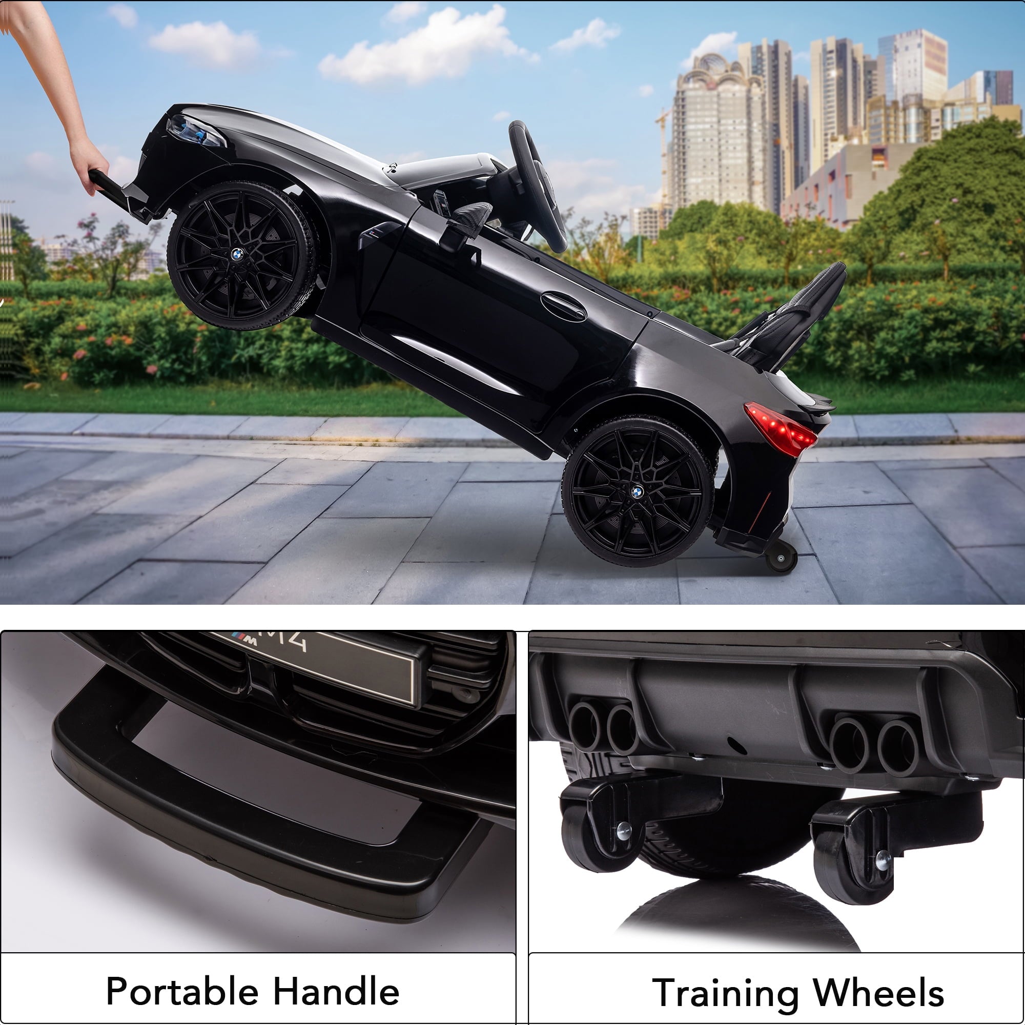 Track 7 12V Ride on Car, Licensed BMW M4 Electric Car, Kids Ride on Car with Remote Control, Bluetooth, Lights, Portable Handle, Black
