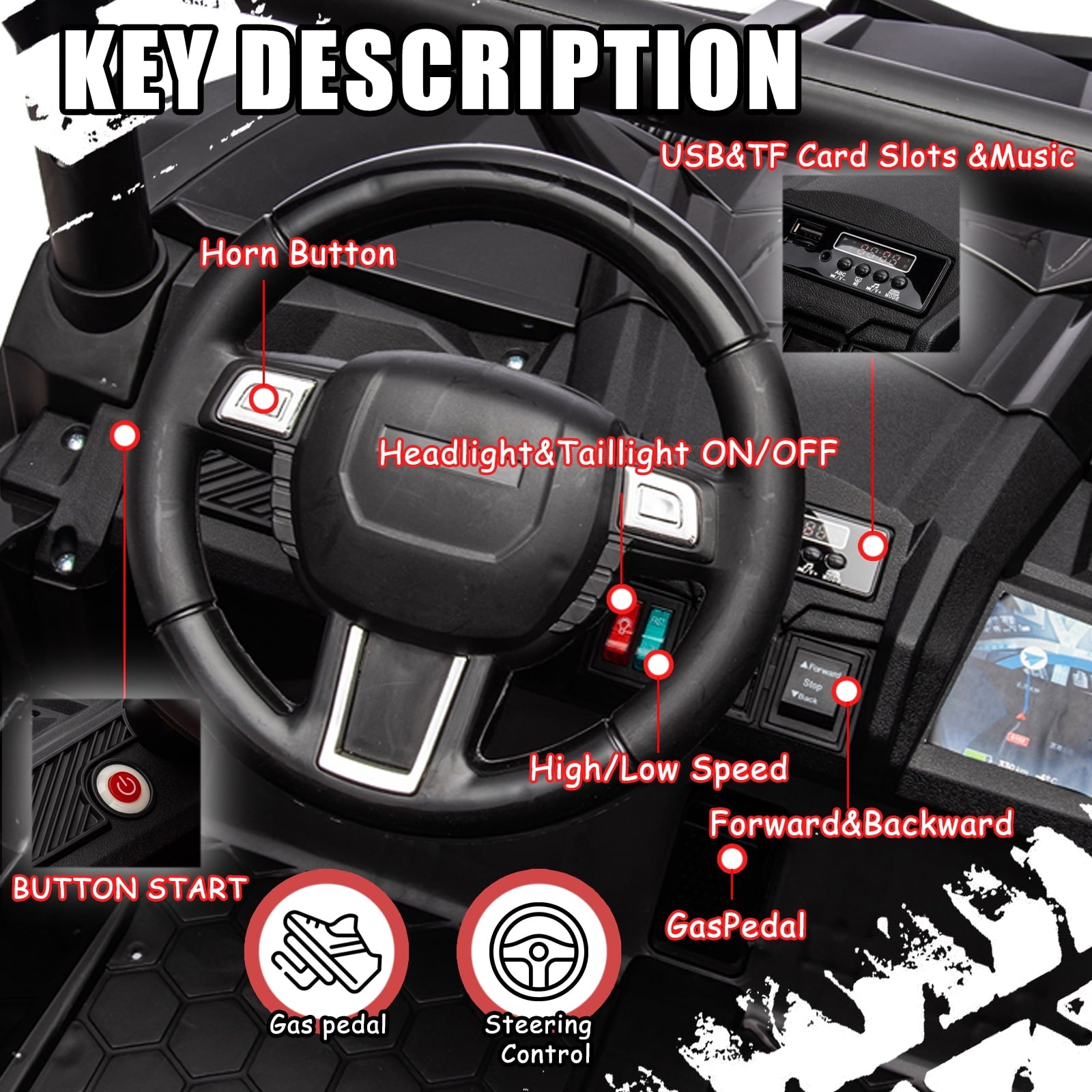 Track 7 24V Ride on UTV, 2-Seater Ride on Car with Remote Control, Music, 2 Speed, Key Start, 4x4 Ride on Off-Road Truck, Black